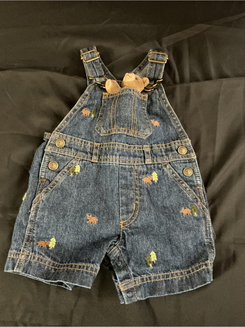Children's Dark Blue Denim Short Overalls with Forest Embroidery - Picture 3 of 12